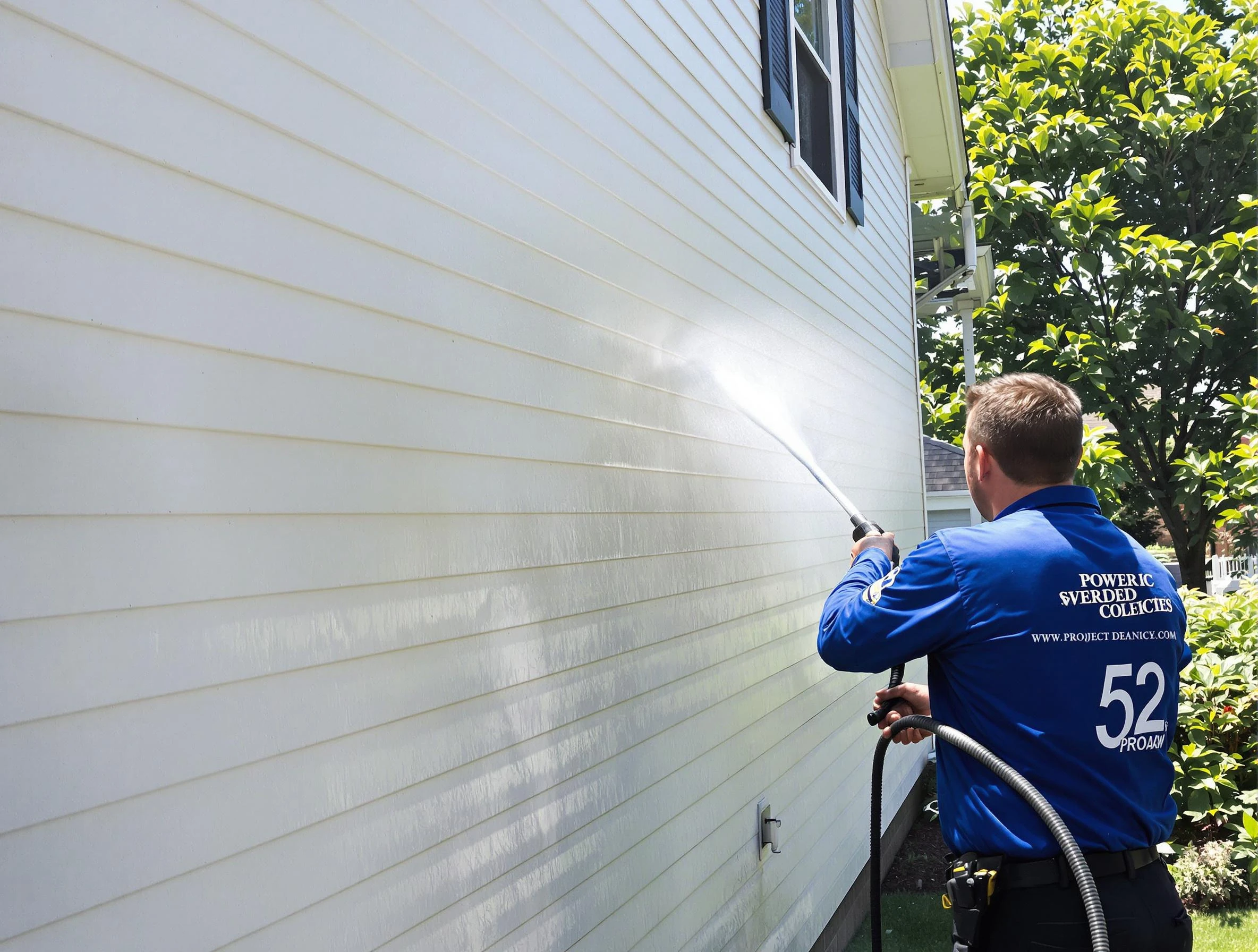 A Shaker Heights Power Washing technician power washing a home in Shaker Heights